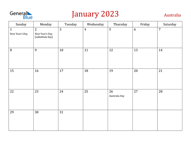 Australia January 2023 Calendar With Holidays