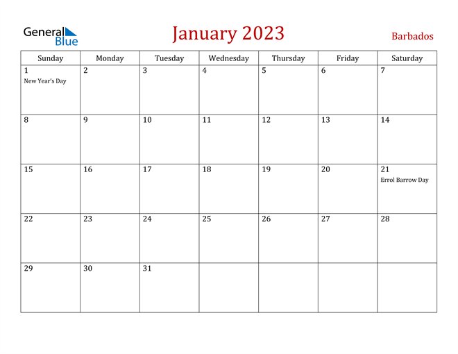 Barbados January 2023 Calendar With Holidays