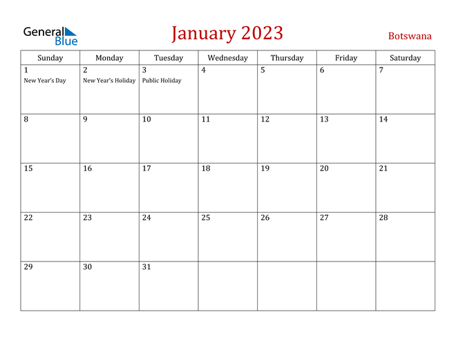 Botswana January 2023 Calendar