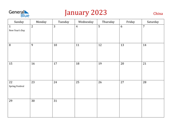 China January 2023 Calendar