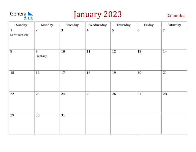 Colombia January 2023 Calendar