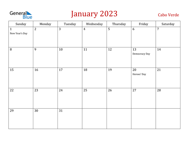 Cabo Verde January 2023 Calendar