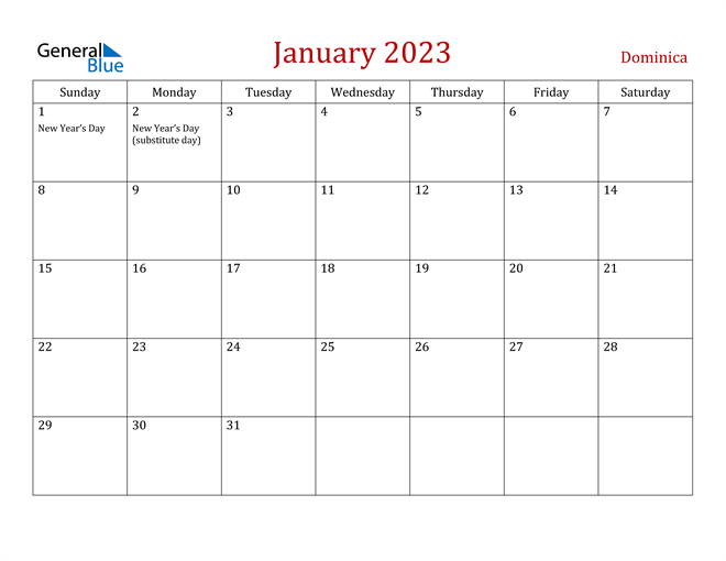 Dominica January 2023 Calendar