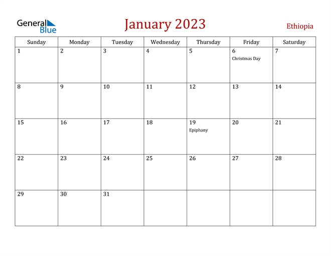 January 2023 Calendar With Ethiopia Holidays