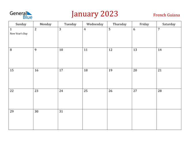 French Guiana January 2023 Calendar