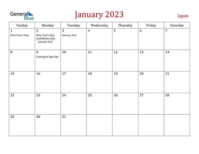 January 2023 Calendar With Japan Holidays Gambaran
