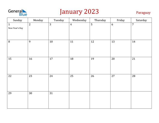 Paraguay January 2023 Calendar