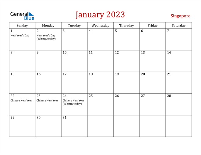 singapore january 2023 calendar with holidays