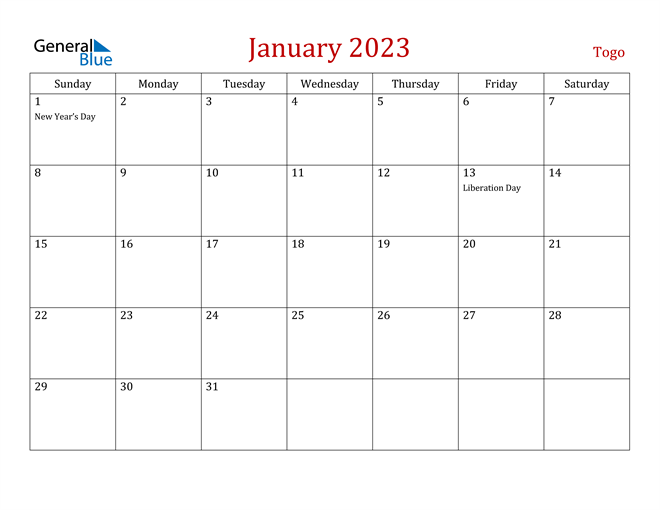 Togo January 2023 Calendar