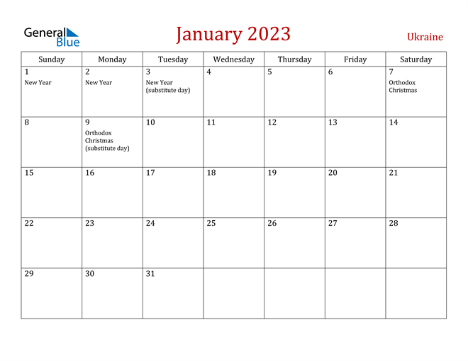 Ukraine January 2023 Calendar