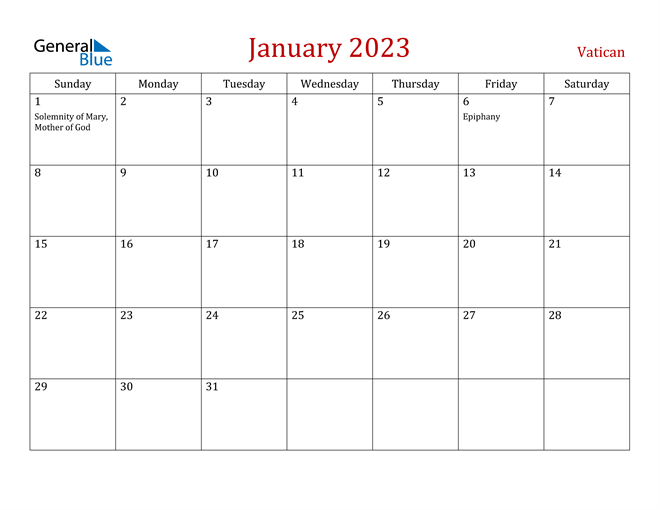 Vatican January 2023 Calendar
