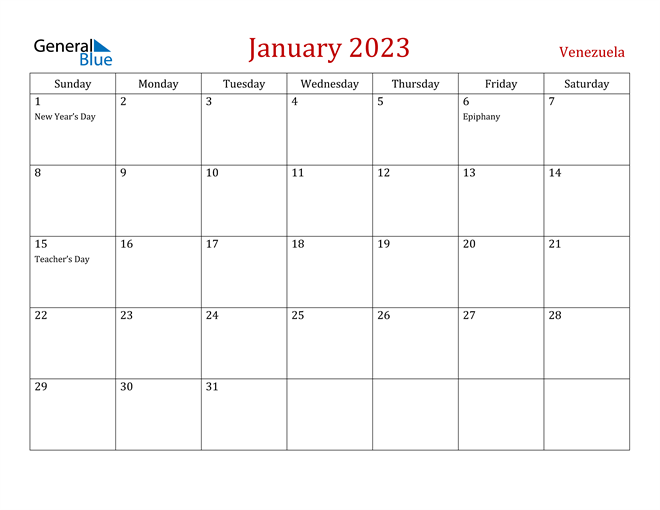 Venezuela January 2023 Calendar