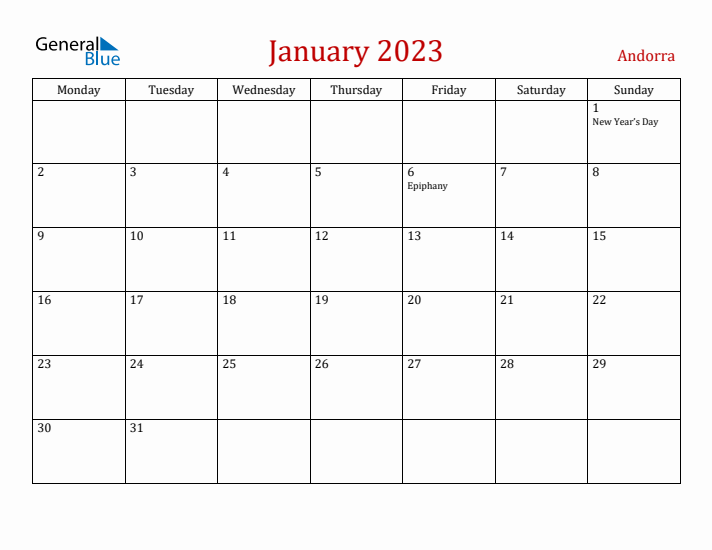 Andorra January 2023 Calendar - Monday Start