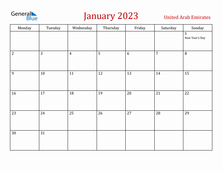 United Arab Emirates January 2023 Calendar - Monday Start