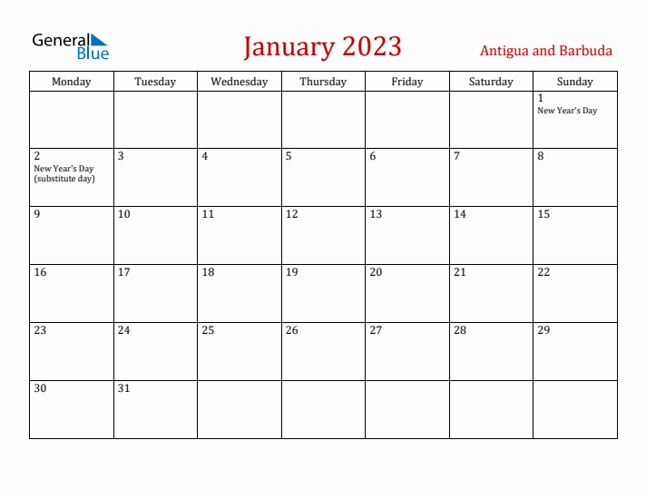 Antigua and Barbuda January 2023 Calendar - Monday Start