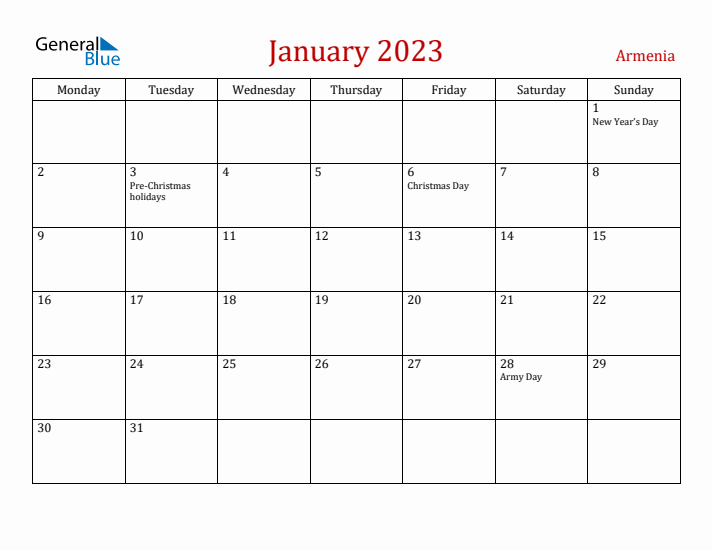 Armenia January 2023 Calendar - Monday Start