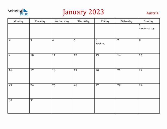 Austria January 2023 Calendar - Monday Start