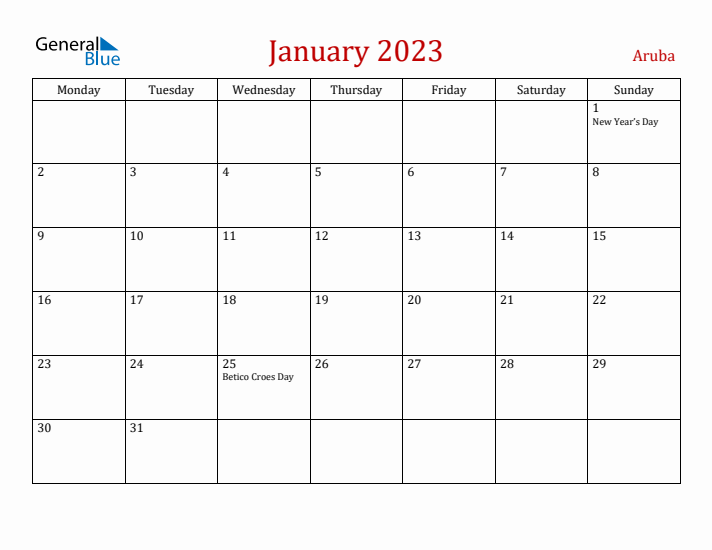 Aruba January 2023 Calendar - Monday Start
