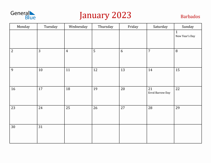 Barbados January 2023 Calendar - Monday Start