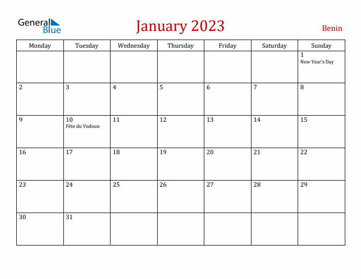 Benin January 2023 Calendar - Monday Start