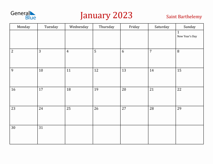 Saint Barthelemy January 2023 Calendar - Monday Start