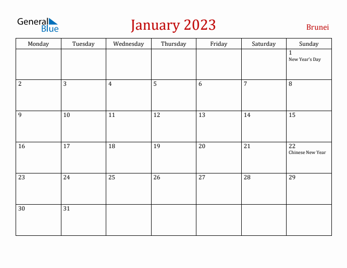 Brunei January 2023 Calendar - Monday Start