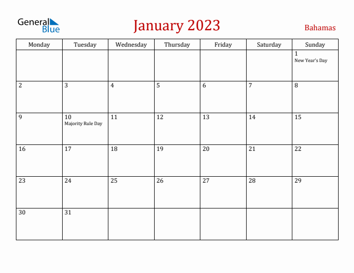 Bahamas January 2023 Calendar - Monday Start