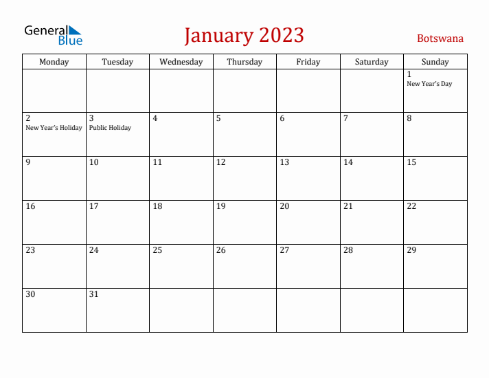 Botswana January 2023 Calendar - Monday Start