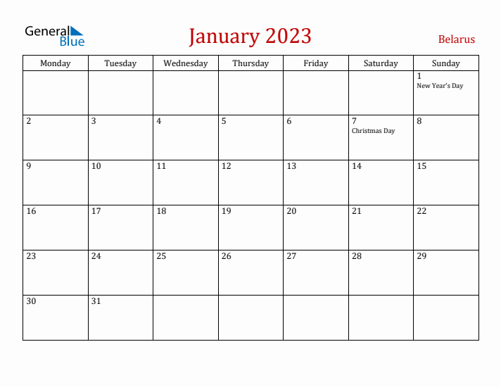 Belarus January 2023 Calendar - Monday Start