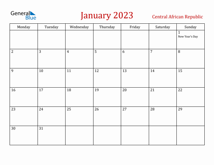 Central African Republic January 2023 Calendar - Monday Start