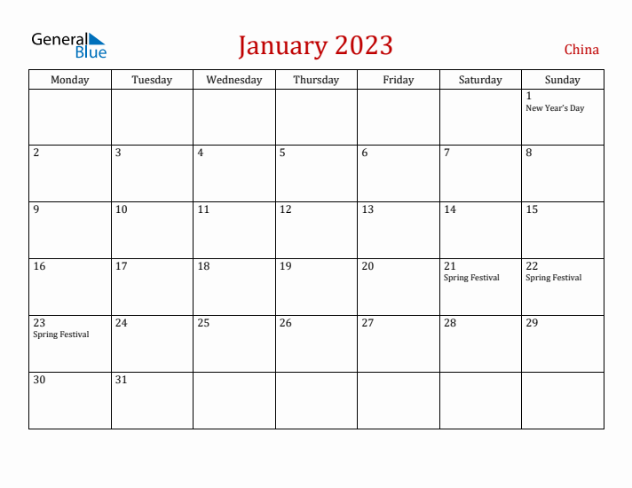China January 2023 Calendar - Monday Start