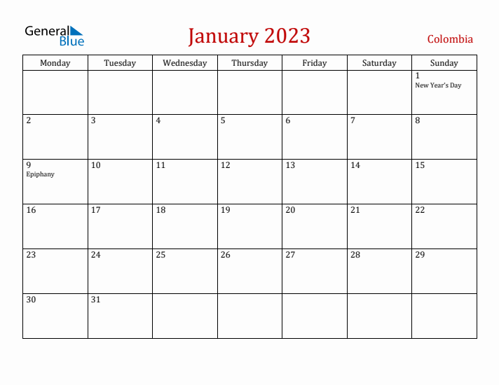 Colombia January 2023 Calendar - Monday Start