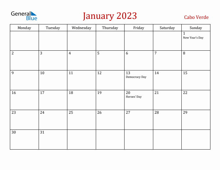 Cabo Verde January 2023 Calendar - Monday Start