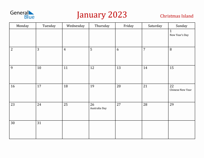 Christmas Island January 2023 Calendar - Monday Start