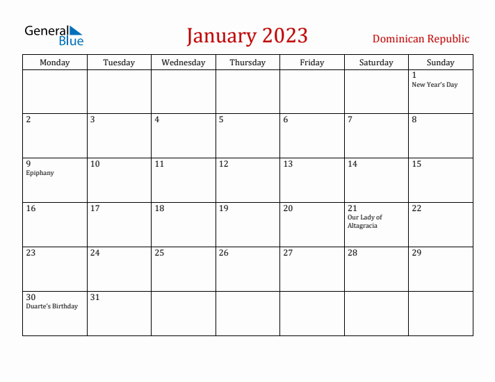 Dominican Republic January 2023 Calendar - Monday Start