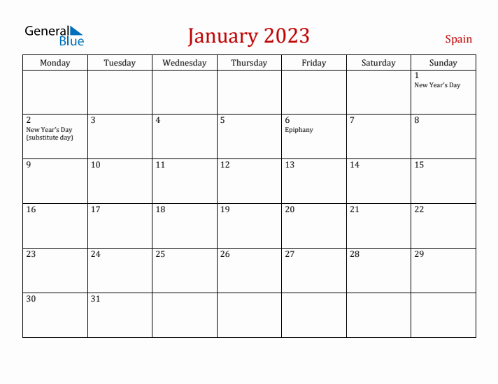 Spain January 2023 Calendar - Monday Start