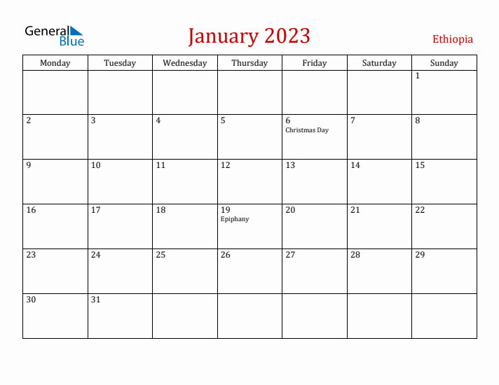 Ethiopia January 2023 Calendar - Monday Start