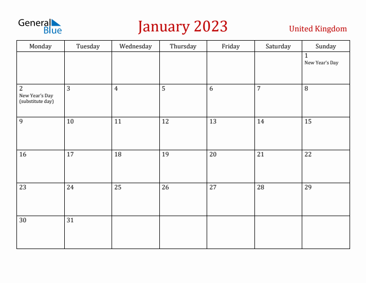 United Kingdom January 2023 Calendar - Monday Start