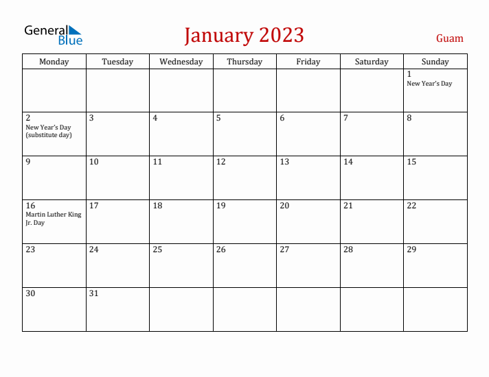 Guam January 2023 Calendar - Monday Start