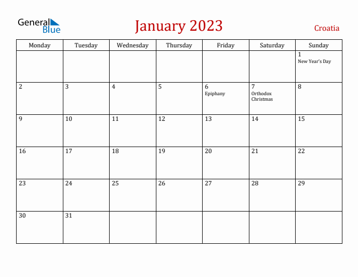 Croatia January 2023 Calendar - Monday Start