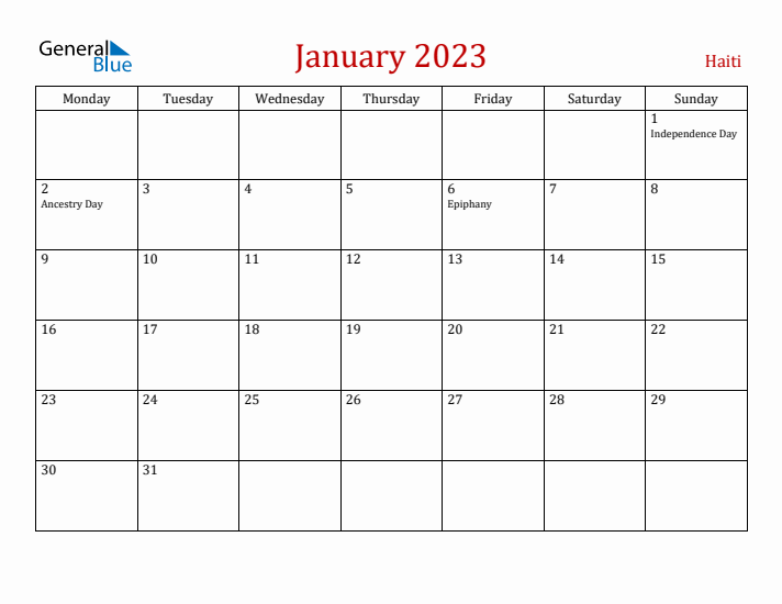 Haiti January 2023 Calendar - Monday Start