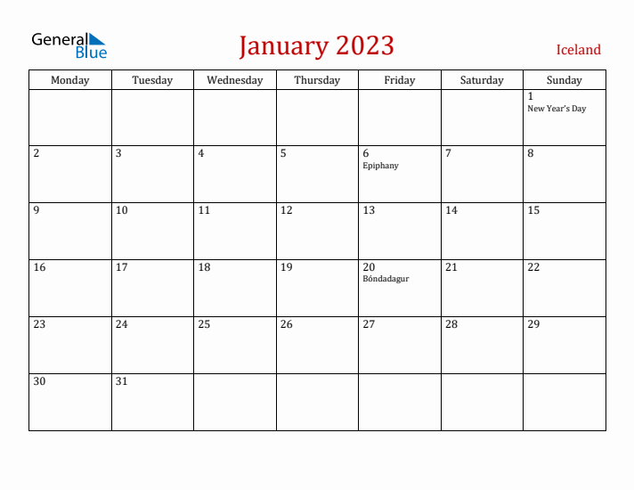 Iceland January 2023 Calendar - Monday Start