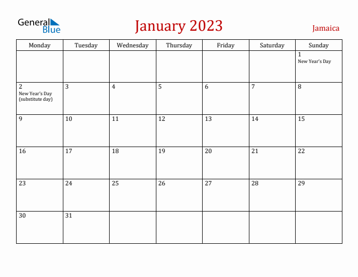 Jamaica January 2023 Calendar - Monday Start