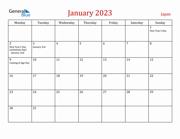 Japan January 2023 Calendar - Monday Start
