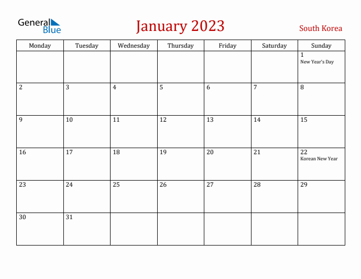 South Korea January 2023 Calendar - Monday Start