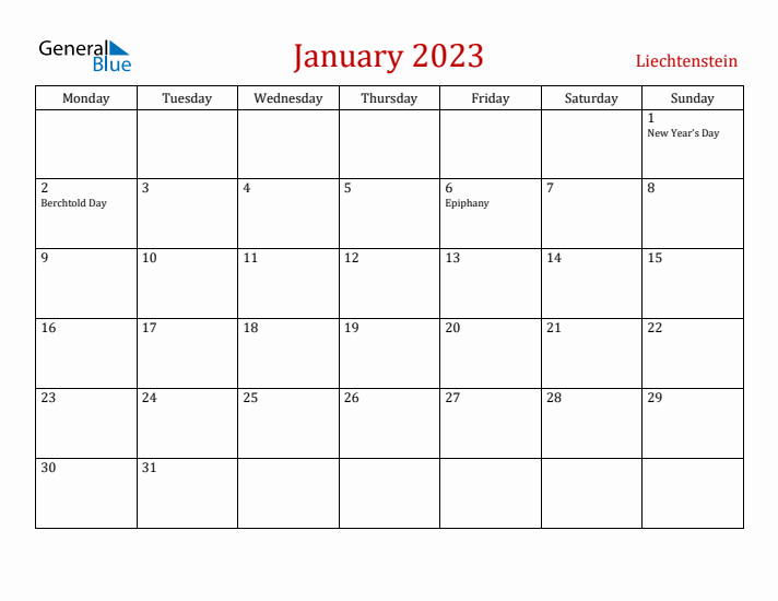 Liechtenstein January 2023 Calendar - Monday Start