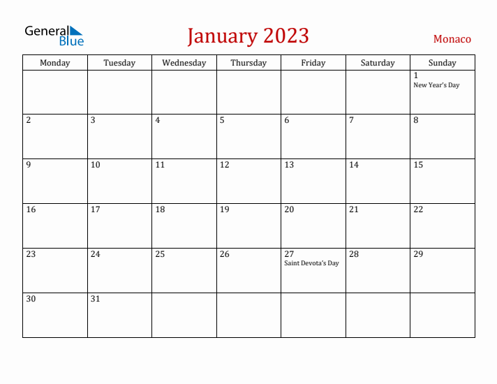 Monaco January 2023 Calendar - Monday Start
