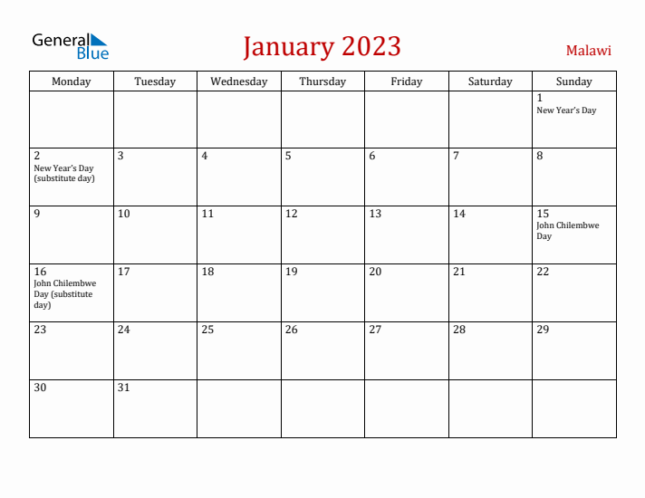 Malawi January 2023 Calendar - Monday Start