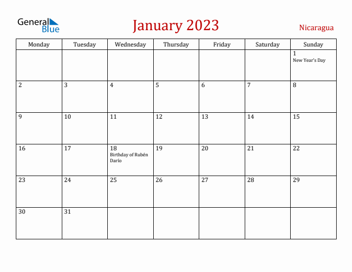 Nicaragua January 2023 Calendar - Monday Start
