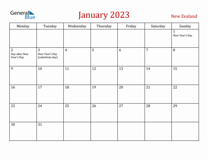 New Zealand January 2023 Calendar - Monday Start